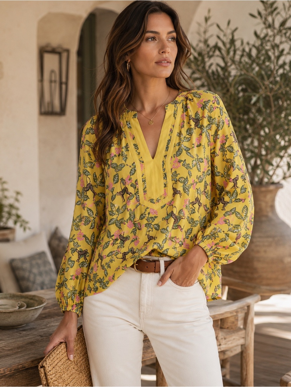 Charter Club NWOT Women’s Vneck LS Floral Monkeys Floral‎ Tunic Top Cotton SMALL